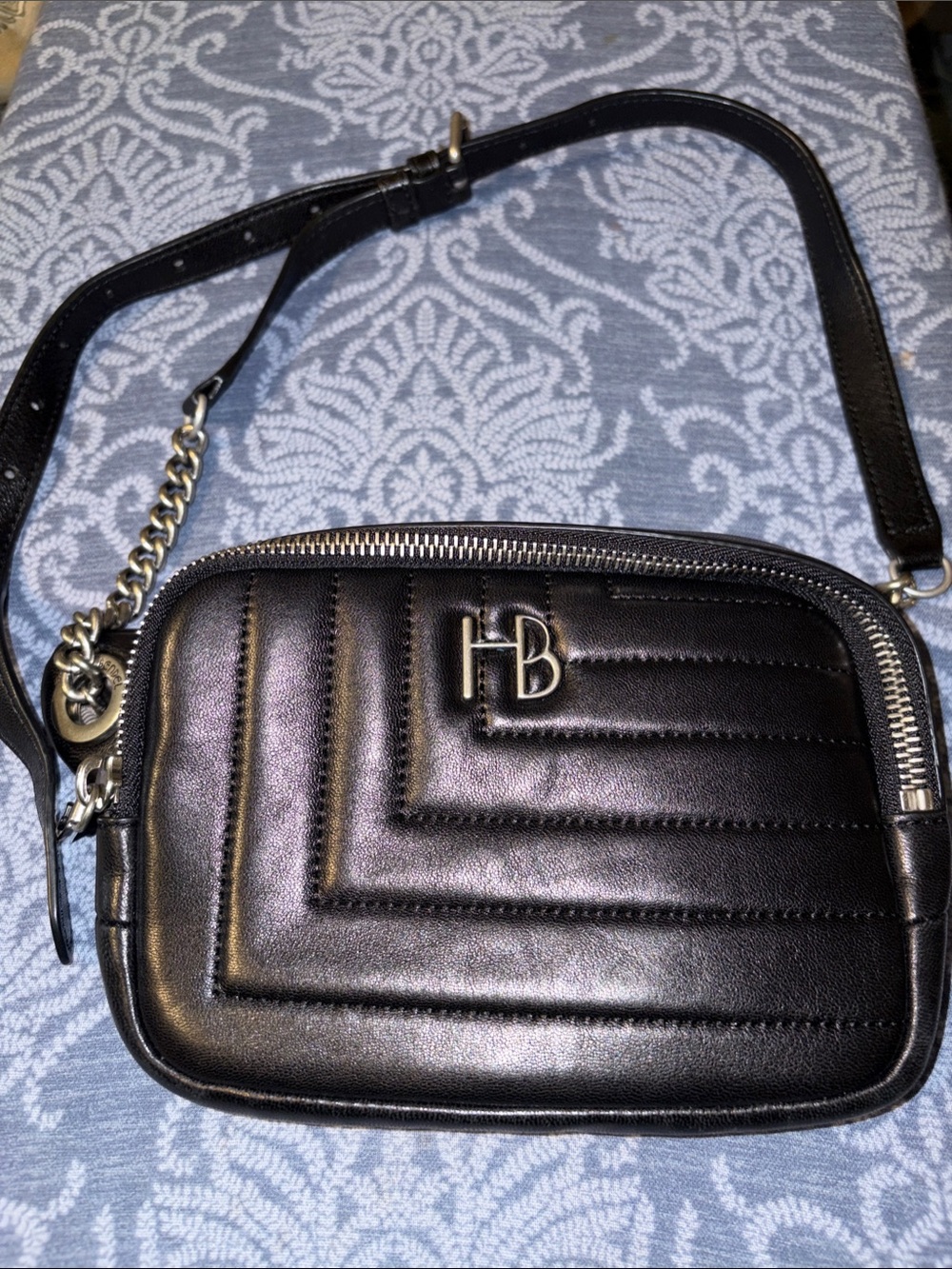Henri Bendel Black Quilted Leather Crossbody with Silver HB Logo